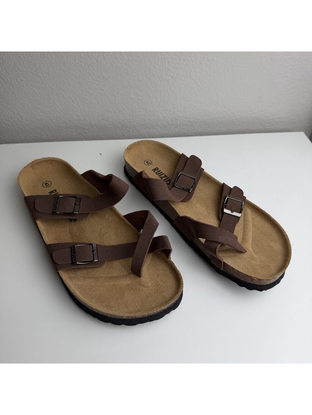 RUZUSOCH Women’s Brown Two Buckle Slide Sandals Cork Footbed Size 8/42 New